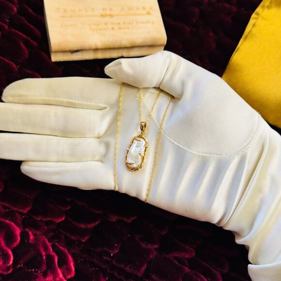 VINTAGE- 14K Gold -Baroque Pearl & Diamond Necklace -21" Brutalist Freeform-3.9g - Picture 12 of 16